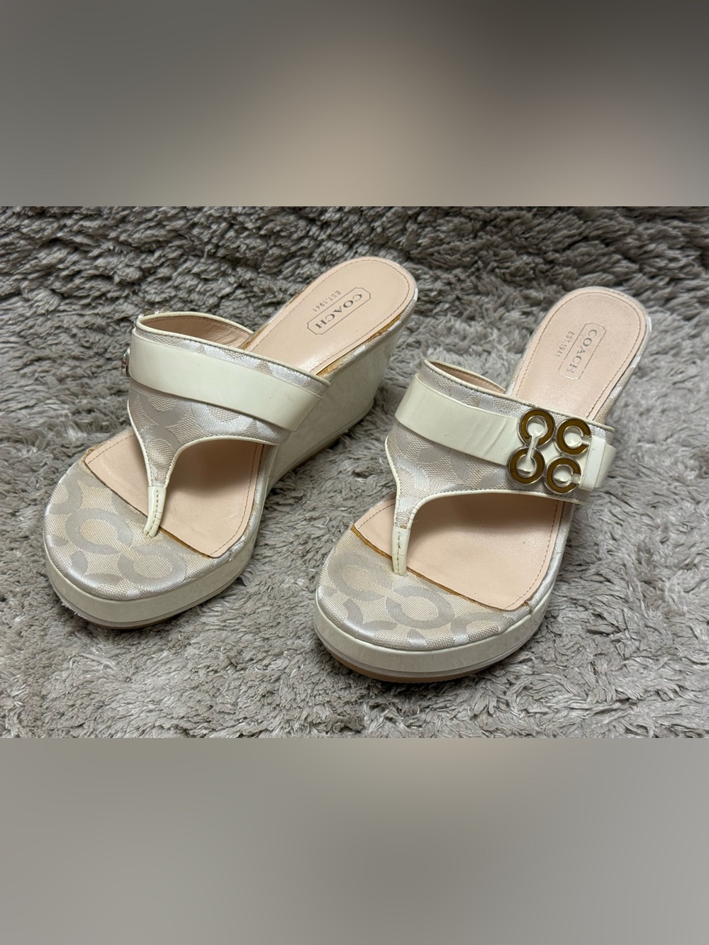 Coach Gypsy Vintage Women’s Logo Wedge Sandals in Cream with Gold Accent - Picture 2 of 13